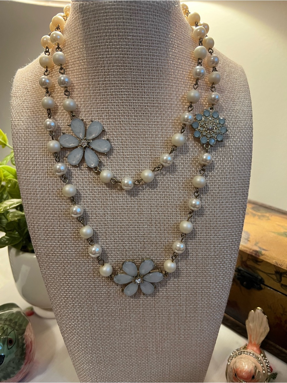 Gold-Tone Pearl Necklace with White Floral Accents
